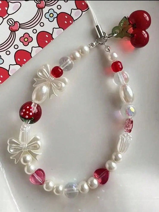 Cute Summer Cherry Handmade Beaded Wrist Strap Fashion Phone Charm