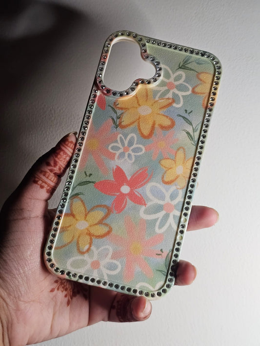 Pastel Green Garden Floral iPhone Case Cute Sparkle Crystal Diamond Cover with Full Camera Lens Protection, Slim Lightweight aesthetic fashion Phone Case