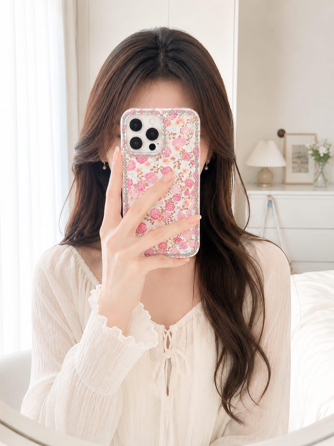 Rose Garden iPhone Floral case, cute sparkle crystal diamond Cover with Full Camera Lens Protection, Slim Lightweight Phone Case
