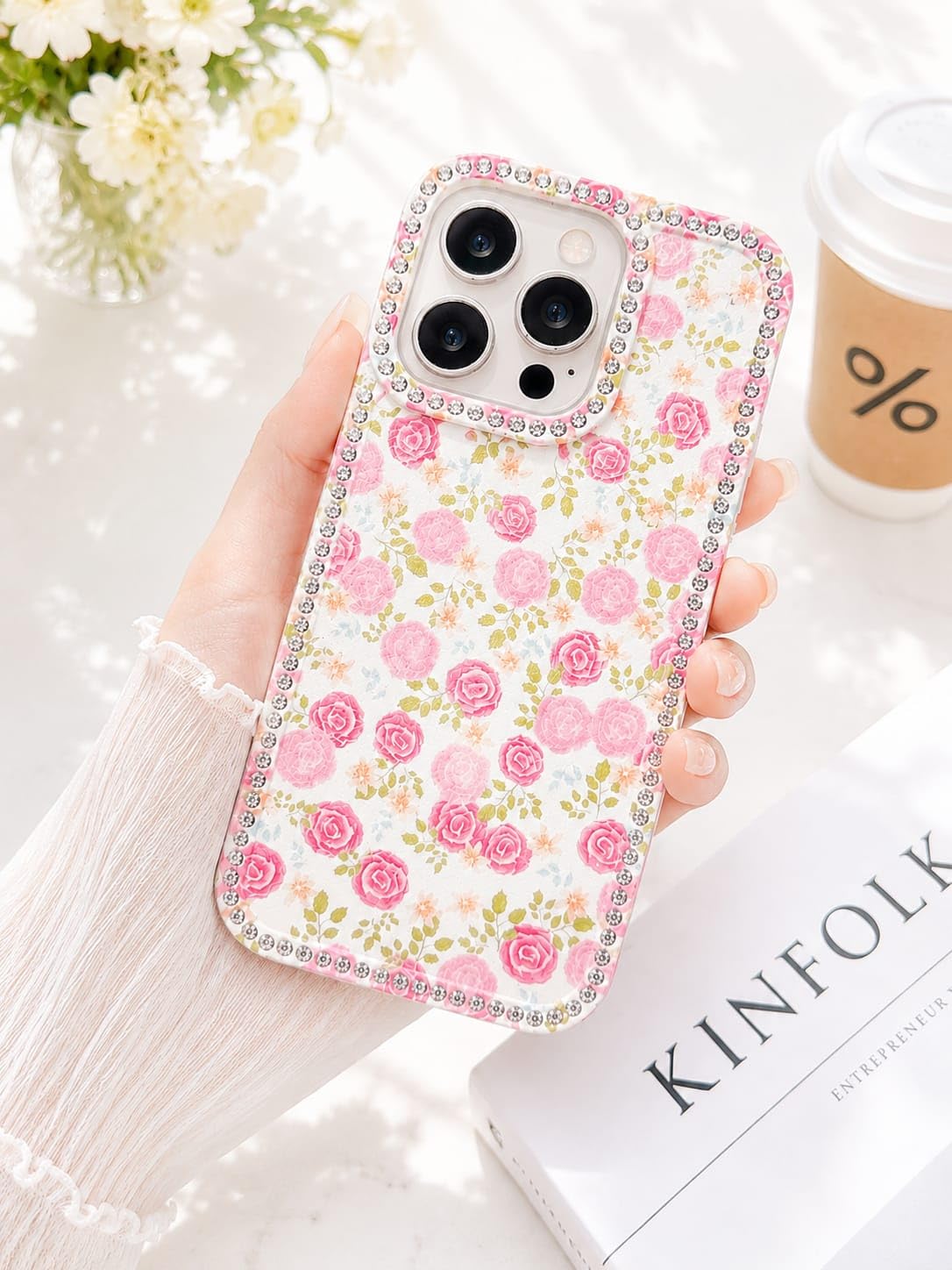 Rose Garden iPhone Floral case, cute sparkle crystal diamond Cover with Full Camera Lens Protection, Slim Lightweight Phone Case