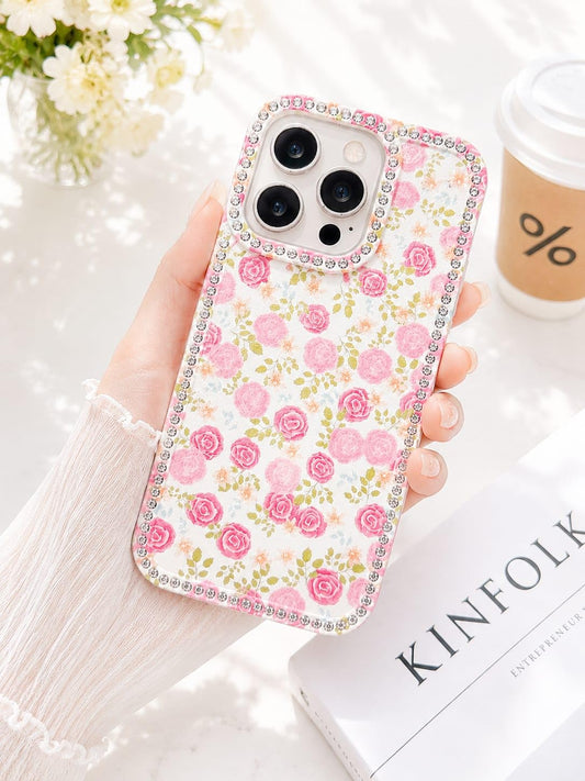 Rose Garden iPhone Floral case, cute sparkle crystal diamond Cover with Full Camera Lens Protection, Slim Lightweight Phone Case