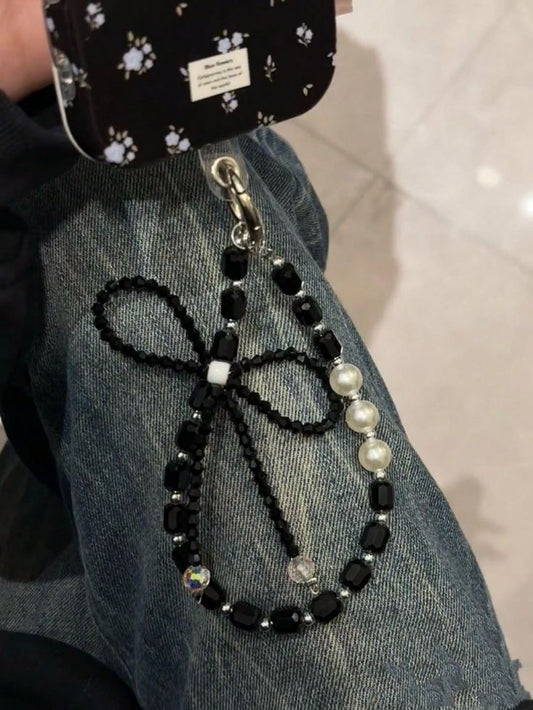 Crystal and Pearl Bowknot Handmade Mobile Phone Wrist Strap Beaded Phone Charm