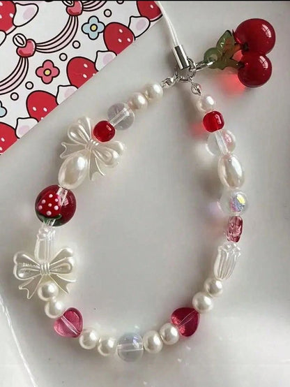 Cute Summer Cherry Handmade Beaded Wrist Strap Fashion Phone Charm