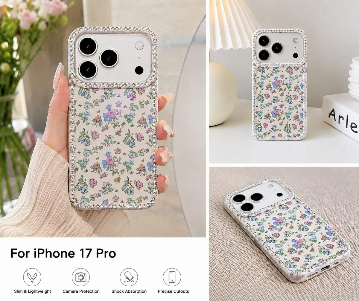 Mini Floral iPhone Case Cute Sparkle Crystal Diamond Cover with Full Camera Lens Protection, Slim Lightweight aesthetic fashion Phone Case