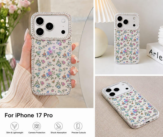 Mini Floral iPhone Case Cute Sparkle Crystal Diamond Cover with Full Camera Lens Protection, Slim Lightweight aesthetic fashion Phone Case