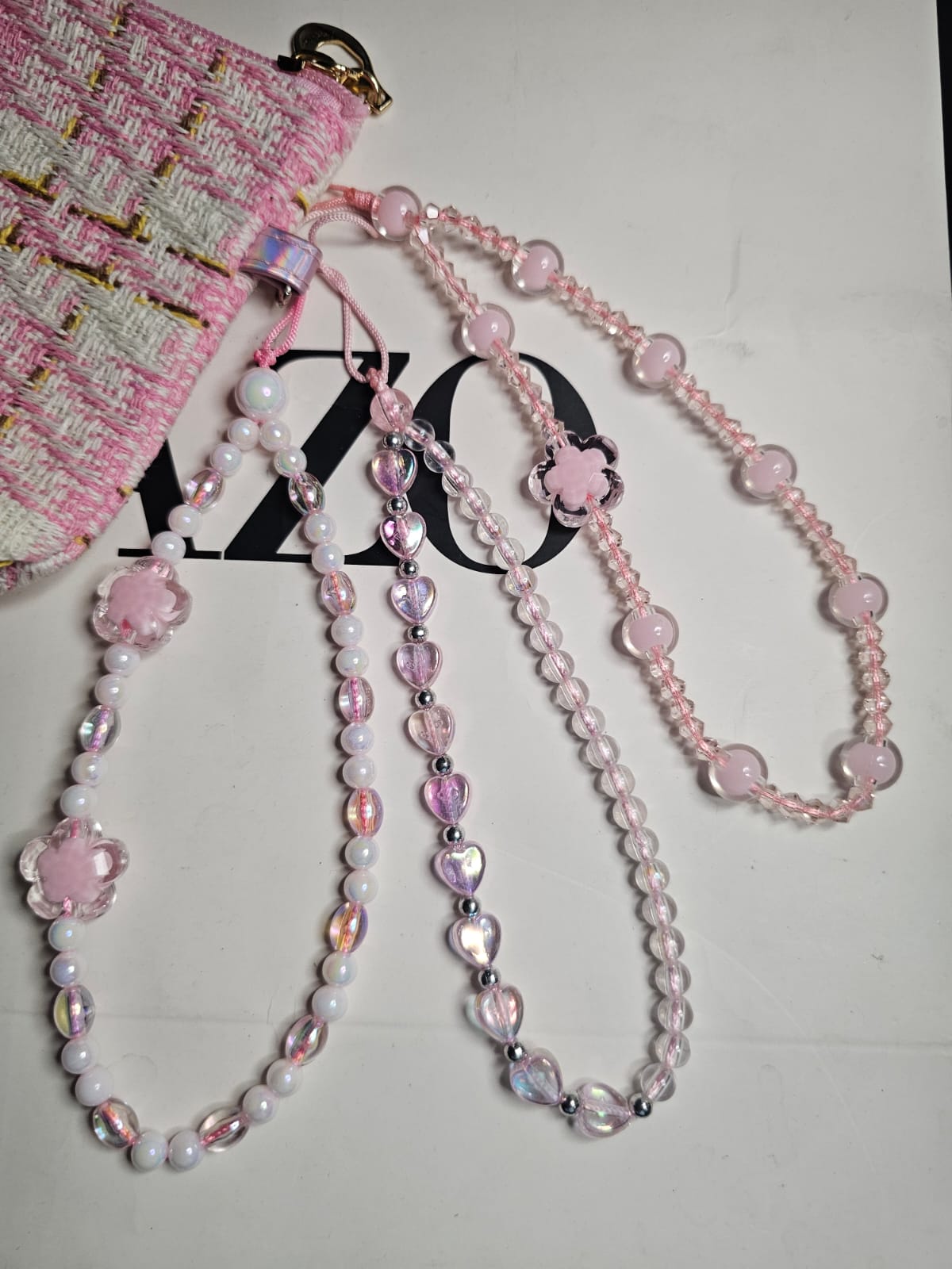 [Set of 3] Baby Pink Hearts and Flowers Handmade Beaded Kawaii Mobile Women Fashion Phone Charm Strap