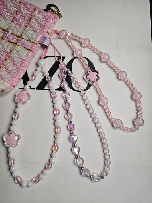 [Set of 3] Baby Pink Hearts and Flowers Handmade Beaded Kawaii Mobile Women Fashion Phone Charm Strap
