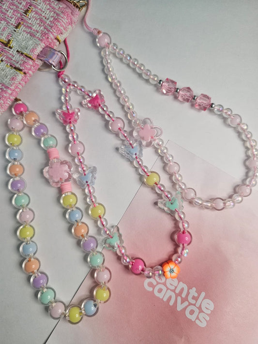 [Set of 3] Pastel Pink Floral Handmade Beaded Kawaii Mobile Women Fashion Phone Charm Strap