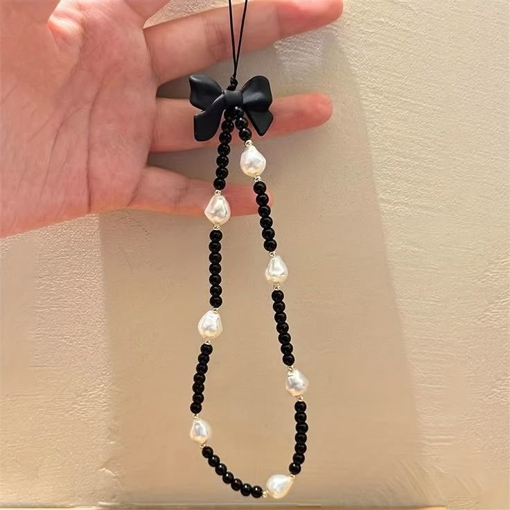 Pearl and Black Bow Beaded Phone Wrist Strap Chain Phone Charm