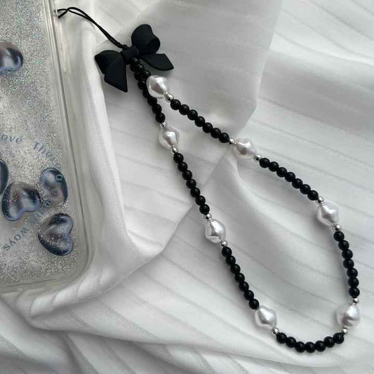 Pearl and Black Bow Beaded Phone Wrist Strap Chain Phone Charm