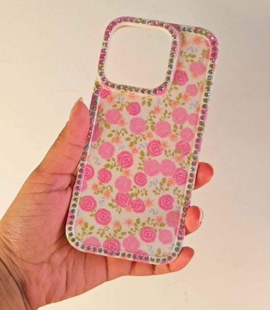 Rose Garden iPhone Floral case, cute sparkle crystal diamond Cover with Full Camera Lens Protection, Slim Lightweight Phone Case