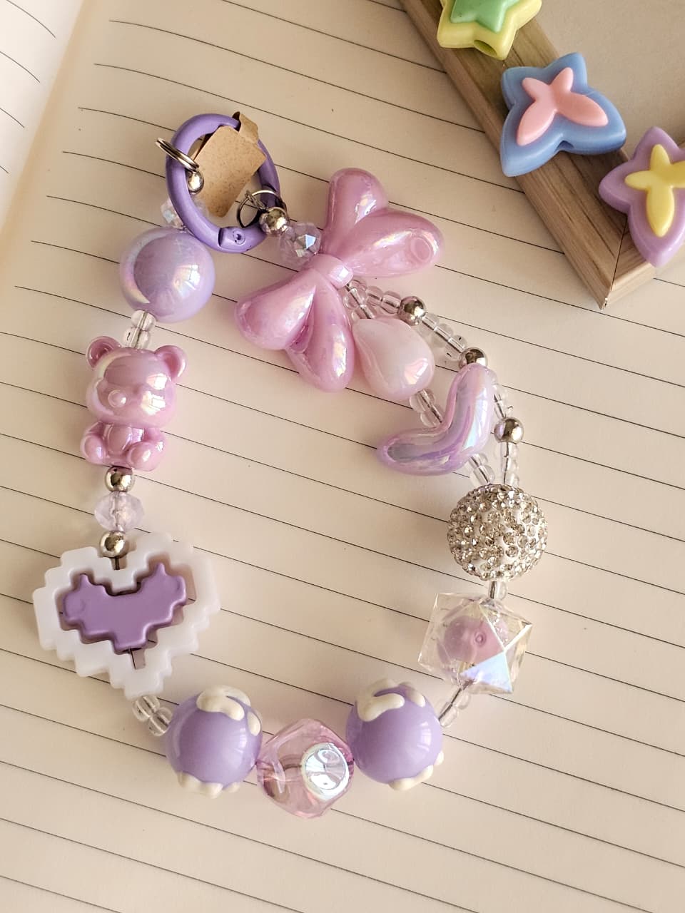 Y2K Kawaii Bow, Pixel Heart Handmade Beaded Phone Charm Lanyard Love Knot Wristlet Fashion Phone Chain