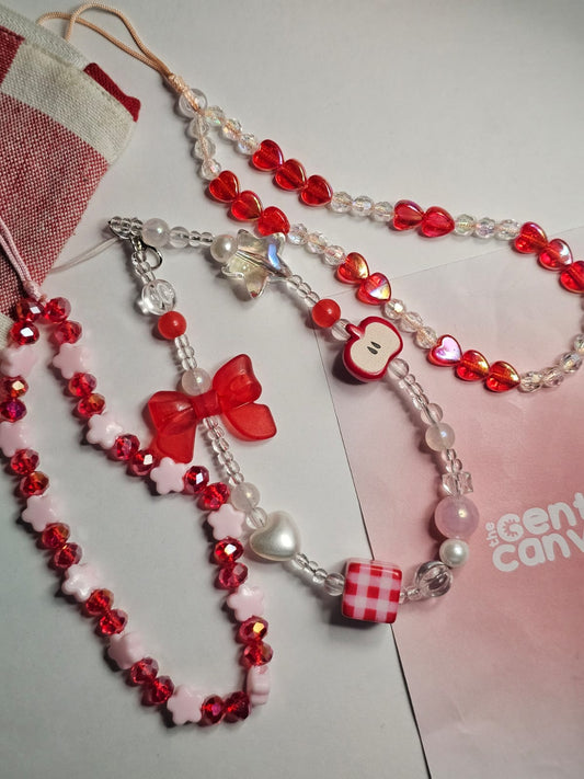 [Set of 3] Red Y2K Kawaii Handmade Beaded Mobile Wrist Strap Phone Charms