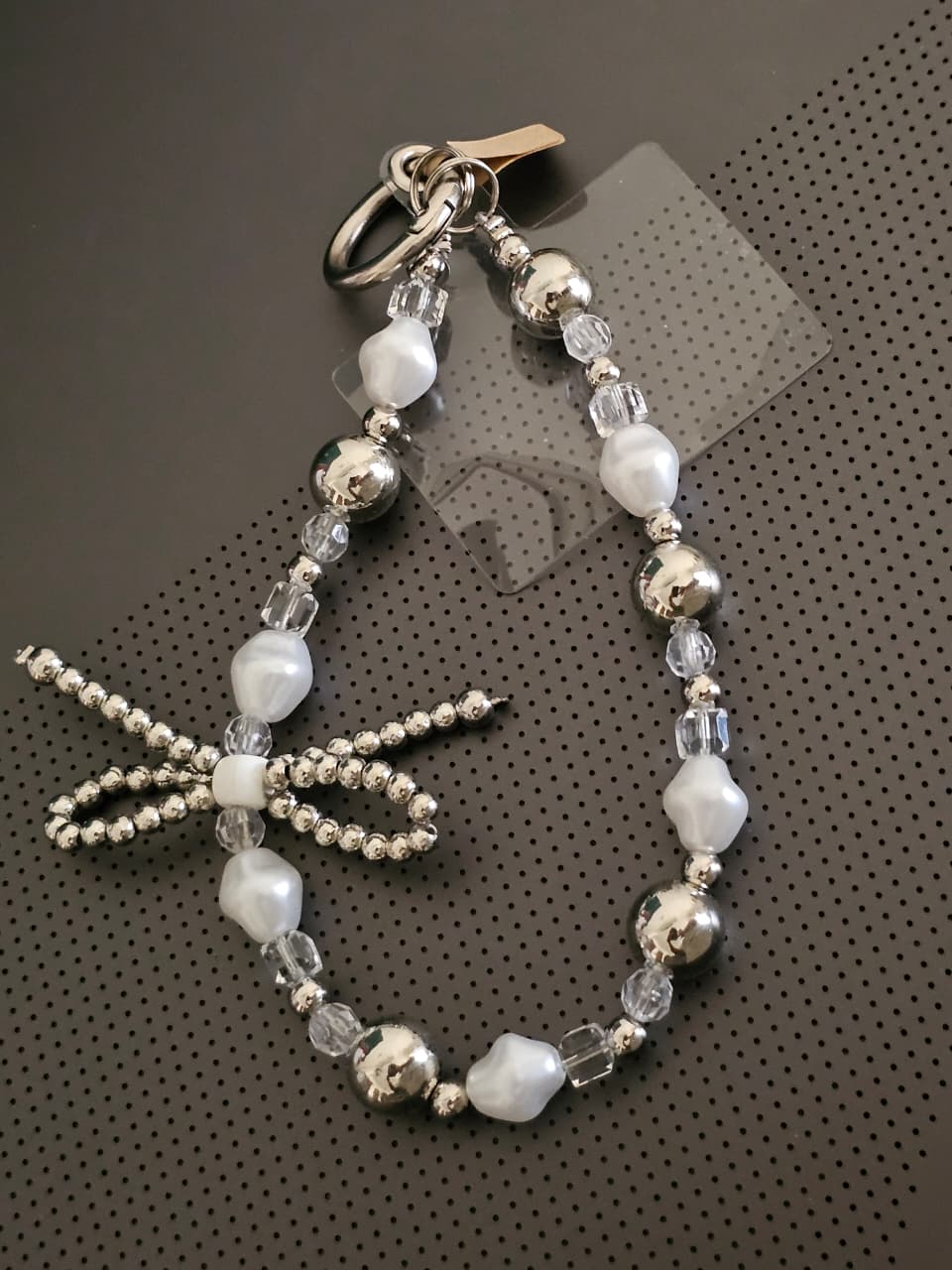 Pearl and Silver Bowknot Handmade Wrist Strap Beaded Phone Strap Hanging Cord Charm