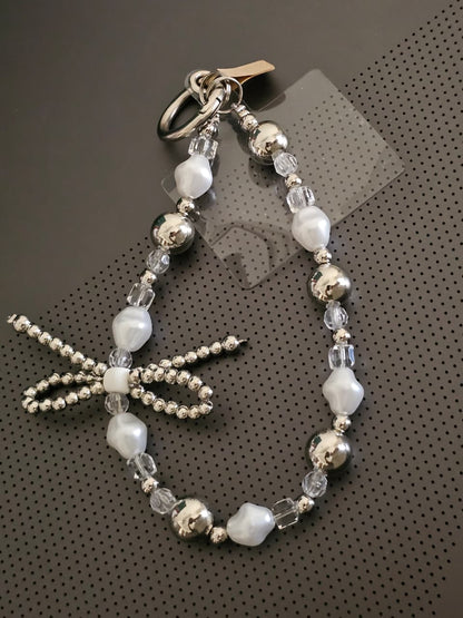 Pearl and Silver Bowknot Handmade Wrist Strap Beaded Phone Strap Hanging Cord Charm