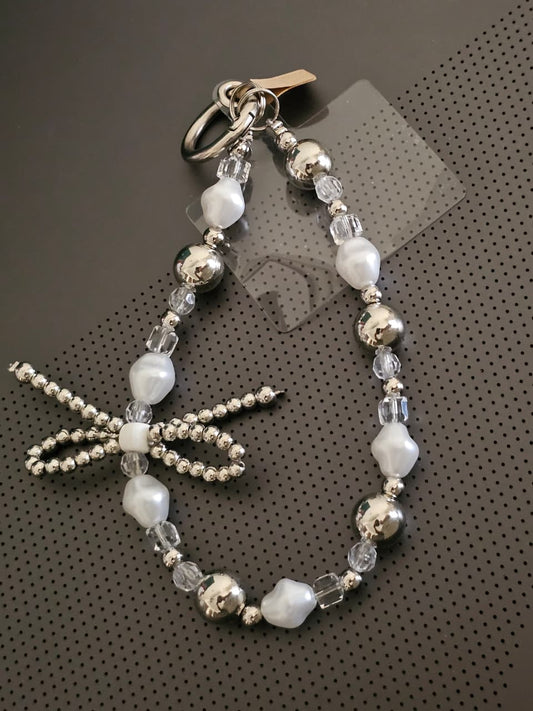 Pearl and Silver Bowknot Handmade Wrist Strap Beaded Phone Strap Hanging Cord Charm
