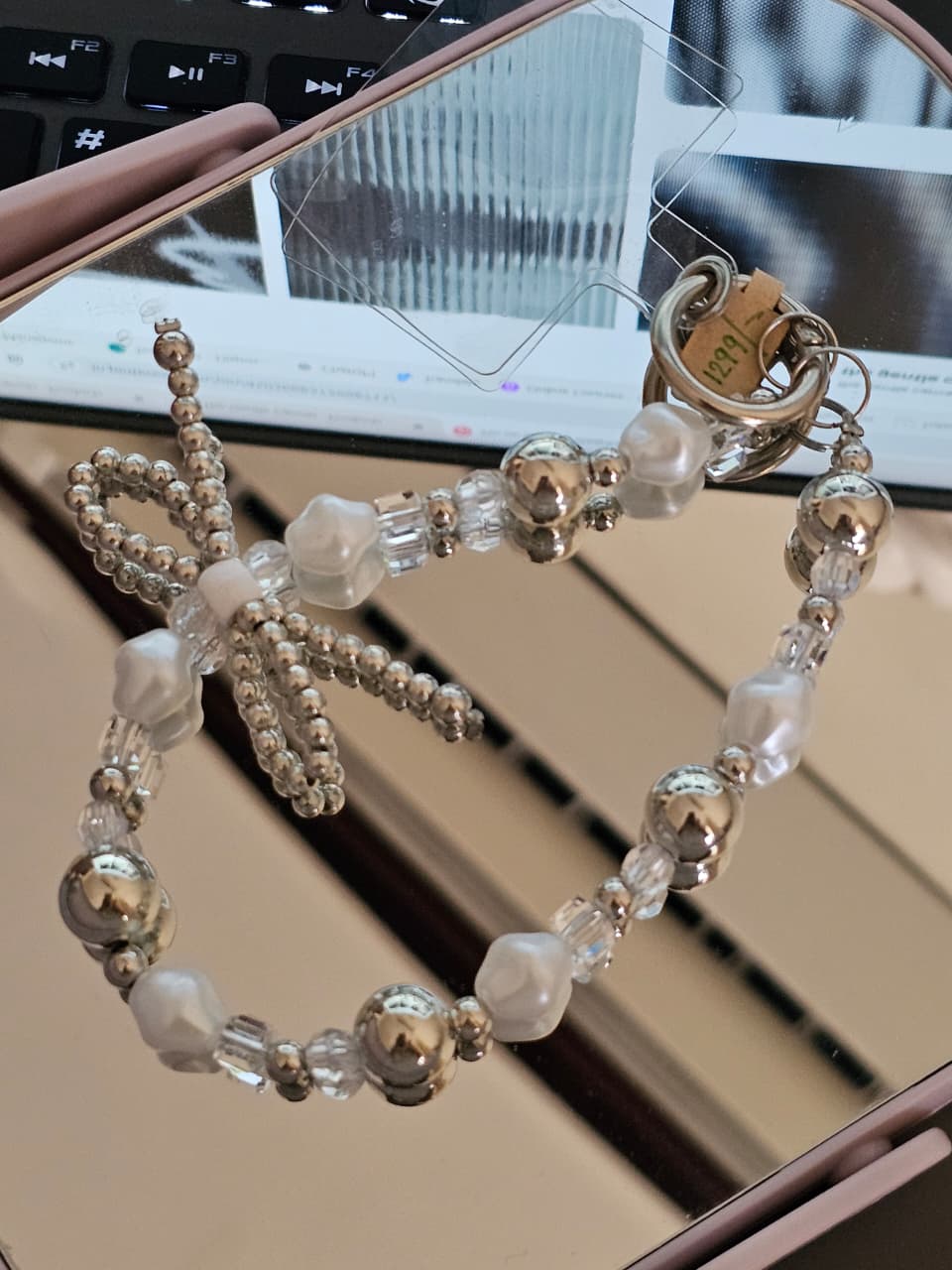 Pearl and Silver Bowknot Handmade Wrist Strap Beaded Phone Strap Hanging Cord Charm