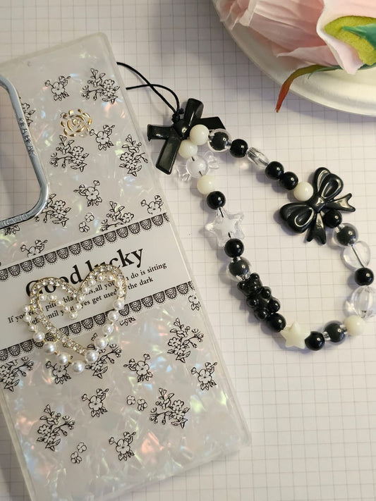 Luxury 3D Black Vintage & Pearl Heart Phone Case with Beaded Bow Phone Charm