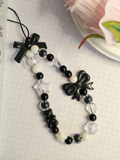 Luxury 3D Black Vintage & Pearl Heart Phone Case with Beaded Bow Phone Charm