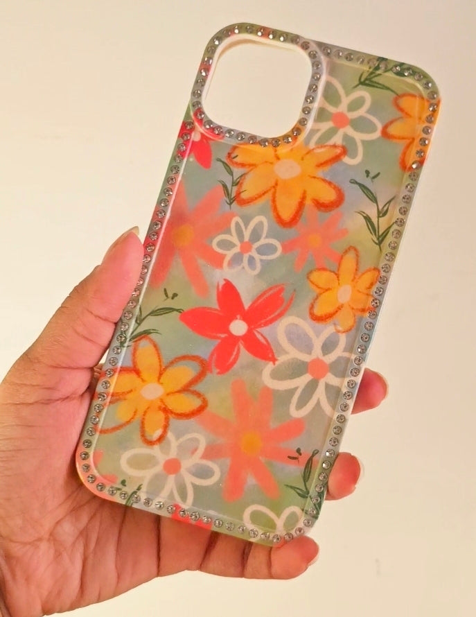 Pastel Green Garden Floral iPhone Case Cute Sparkle Crystal Diamond Cover with Full Camera Lens Protection, Slim Lightweight aesthetic fashion Phone Case