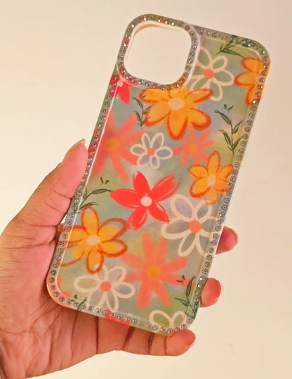 Pastel Green Garden Floral iPhone Case Cute Sparkle Crystal Diamond Cover with Full Camera Lens Protection, Slim Lightweight aesthetic fashion Phone Case