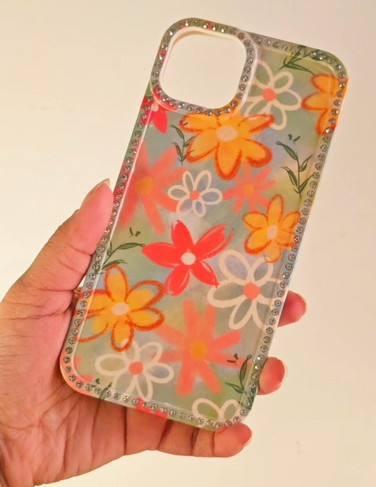 Pastel Green Garden Floral iPhone Case Cute Sparkle Crystal Diamond Cover with Full Camera Lens Protection, Slim Lightweight aesthetic fashion Phone Case