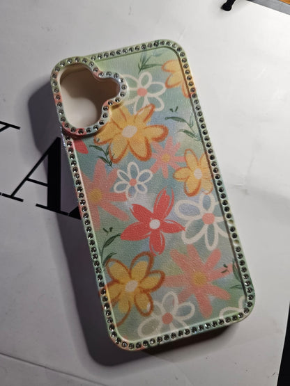 Pastel Green Garden Floral iPhone Case Cute Sparkle Crystal Diamond Cover with Full Camera Lens Protection, Slim Lightweight aesthetic fashion Phone Case