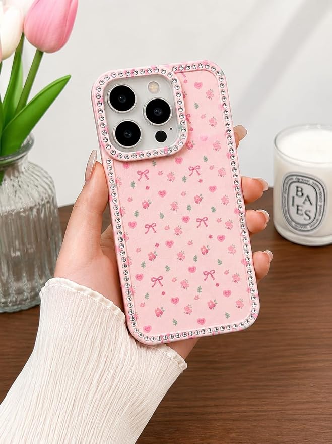 Hearts and Bows Floral iPhone Case Cute Sparkle Crystal Diamond Cover with Full Camera Lens Protection, Slim Lightweight aesthetic fashion Phone Case