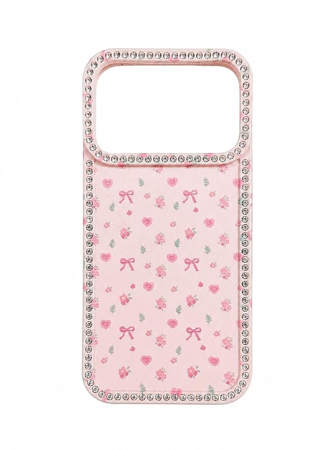 Hearts and Bows Floral iPhone Case Cute Sparkle Crystal Diamond Cover with Full Camera Lens Protection, Slim Lightweight aesthetic fashion Phone Case