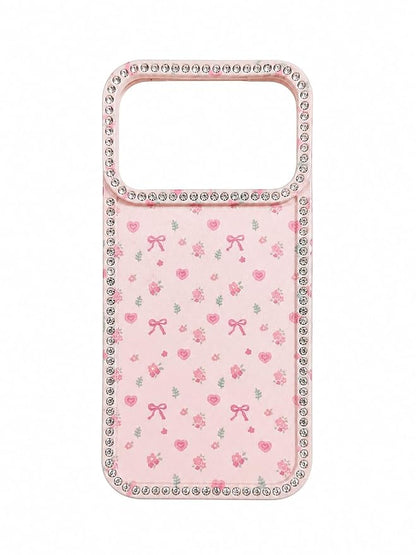 Hearts and Bows Floral iPhone Case Cute Sparkle Crystal Diamond Cover with Full Camera Lens Protection, Slim Lightweight aesthetic fashion Phone Case