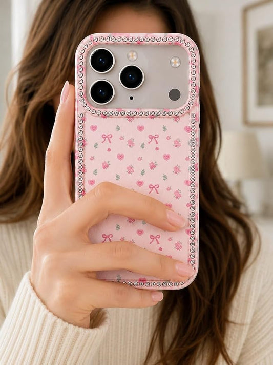 Hearts and Bows Floral iPhone Case Cute Sparkle Crystal Diamond Cover with Full Camera Lens Protection, Slim Lightweight aesthetic fashion Phone Case