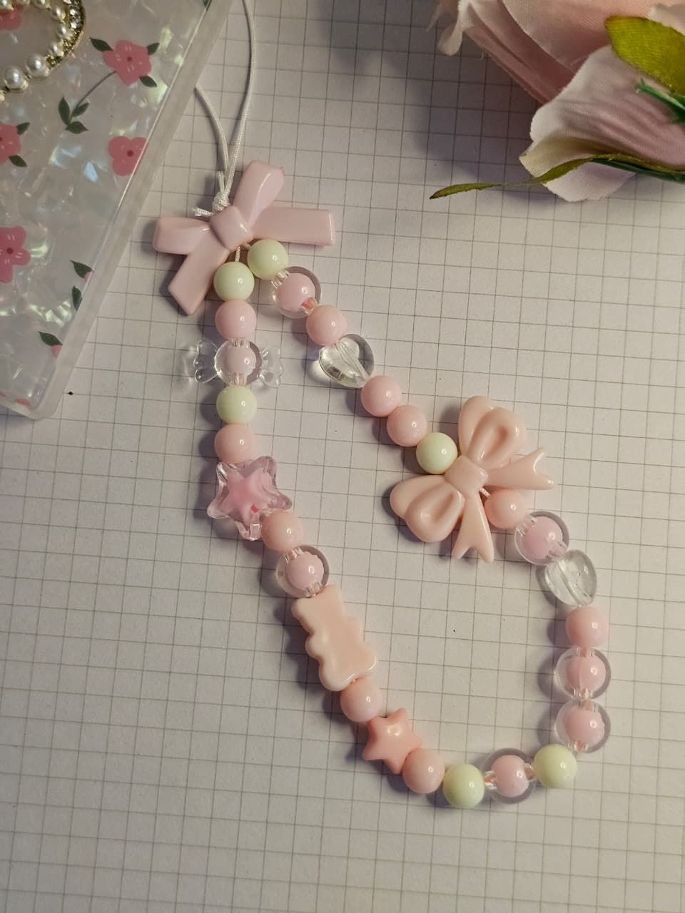 Luxury 3D Pink Floral & Pearl Heart Phone Case with Beaded Bow Phone Charm