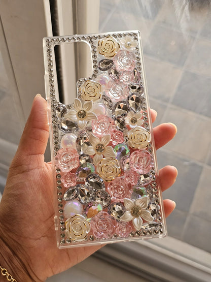 Luxury 3D Handmade Crystal Rhinestone Flower Bling Phone Case – Sparkle Diamond & Pearl Rose Designer Phone Cover