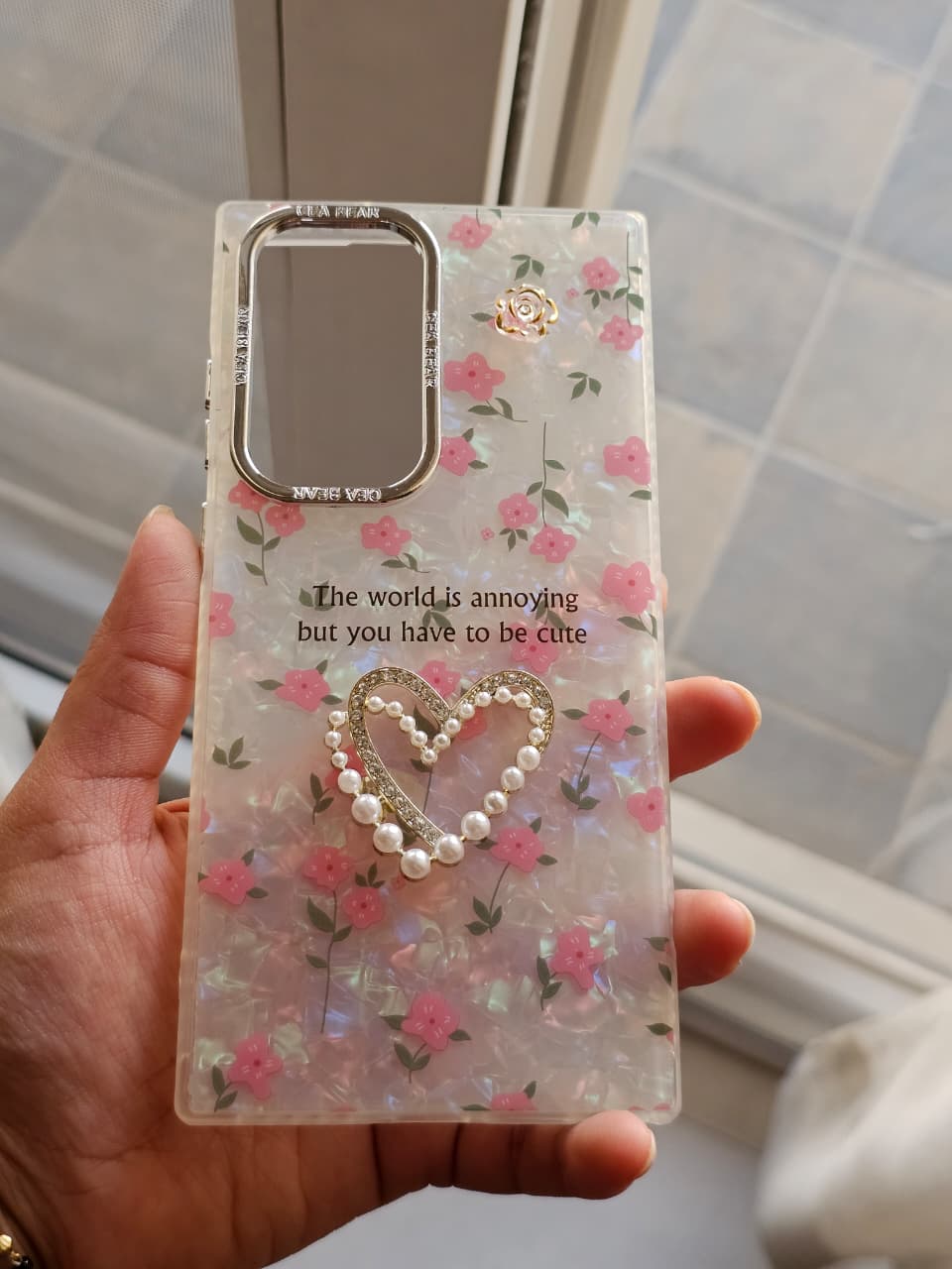 Luxury 3D Pink Floral & Pearl Heart Phone Case with Beaded Bow Phone Charm