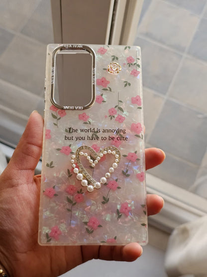 Luxury 3D Pink Floral & Pearl Heart Phone Case with Beaded Bow Phone Charm