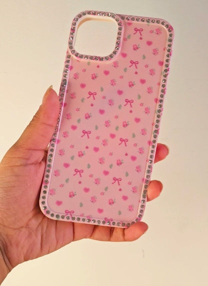 Hearts and Bows Floral iPhone Case Cute Sparkle Crystal Diamond Cover with Full Camera Lens Protection, Slim Lightweight aesthetic fashion Phone Case