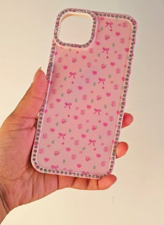 Hearts and Bows Floral iPhone Case Cute Sparkle Crystal Diamond Cover with Full Camera Lens Protection, Slim Lightweight aesthetic fashion Phone Case