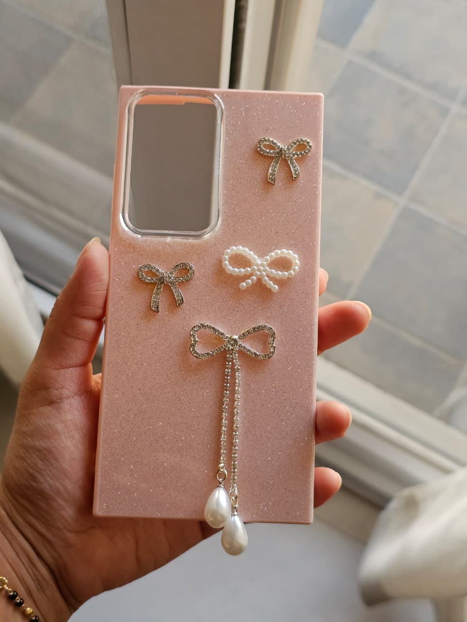Luxury Pink Glitter Bow Phone Case with 3D Pearl & Rhinestone Accents