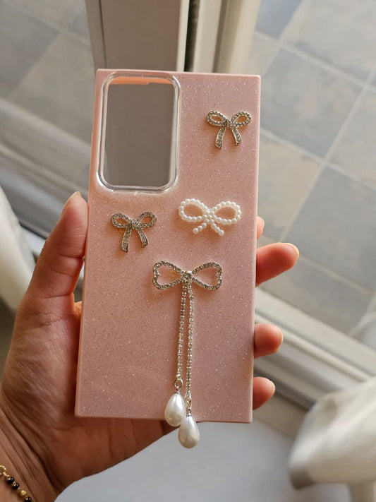 Luxury Pink Glitter Bow Phone Case with 3D Pearl & Rhinestone Accents