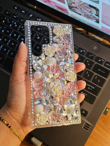 Luxury 3D Handmade Crystal Rhinestone Flower Bling Phone Case – Sparkle Diamond & Pearl Rose Designer Phone Cover