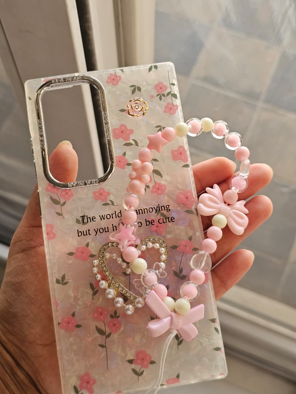 Luxury 3D Pink Floral & Pearl Heart Phone Case with Beaded Bow Phone Charm