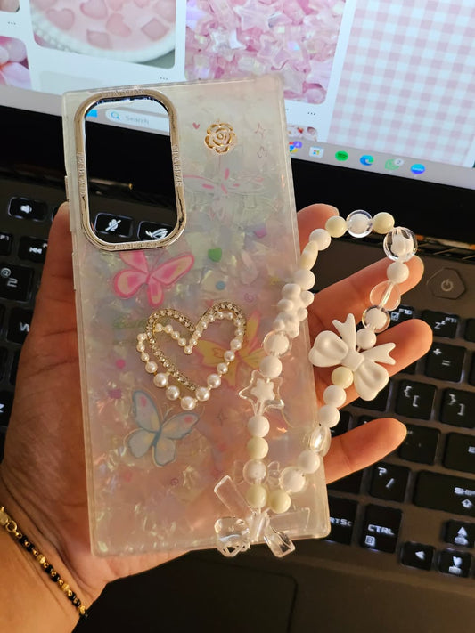 Luxury 3D Pearl Heart & Butterfly Phone Case with Beaded Bow Phone Charm