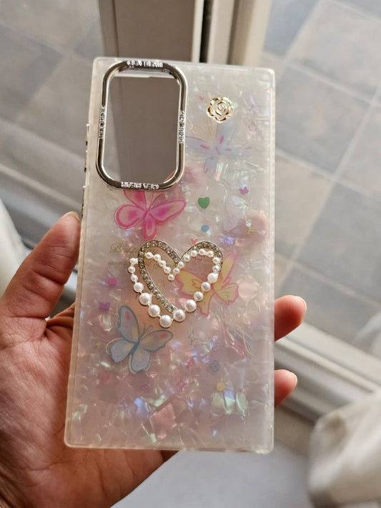 Luxury 3D Pearl Heart & Butterfly Phone Case with Beaded Bow Phone Charm
